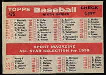1958 Topps Baseball- #475 All Star Managers- Stengel/ Haney