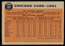 1962 Topps Baseball- #552 Cubs Team- Hi# 