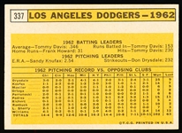 1963 Topps Bb- #337 Los Angeles Dodgers
