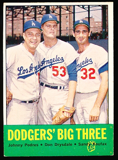 1963 Topps Bb- #412 Dodgers’ Big Three- Podres/ Drysdale/ Sandy Koufax