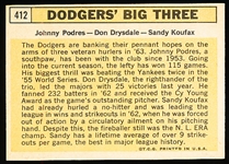 1963 Topps Bb- #412 Dodgers’ Big Three- Podres/ Drysdale/ Sandy Koufax