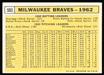 1963 Topps Bb- #503 Milwaukee Braves