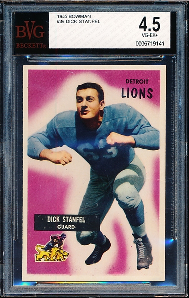 1955 Bowman Football- #36 Dick Stanfel, Lions- BVG 4.5 (Vg-Ex+)