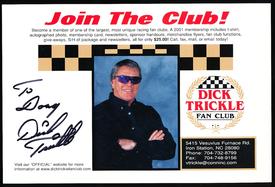 Autographed Dick Trickle NASCAR Fan Club Color 6” x 9” Handout
