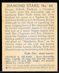 1936 Diamond Stars Baseball- #88 Geo. Selkirk, New York Yankees- 1936 Blue Print Back
