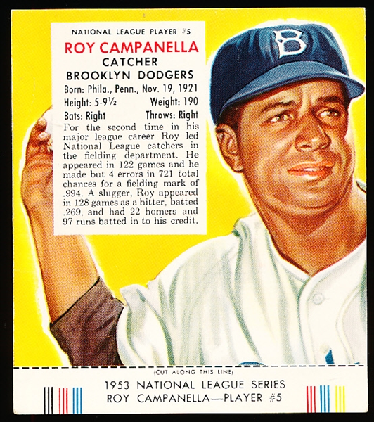 1953 Red Man Tobacco Bb with Tab- NL #5 Roy Campanella, Brooklyn Dodgers-March expiration back.