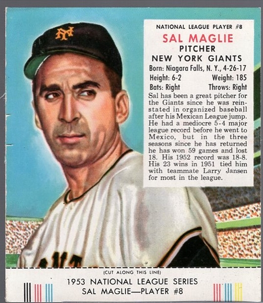 1953 Red Man Tobacco Bb with Tab- NL #8 Sal Maglie, NY Giants- Vg-Ex cr . March expiration back.