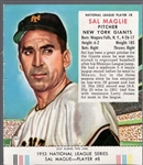 1953 Red Man Tobacco Bb with Tab- NL #8 Sal Maglie, NY Giants- Vg-Ex cr . March expiration back.