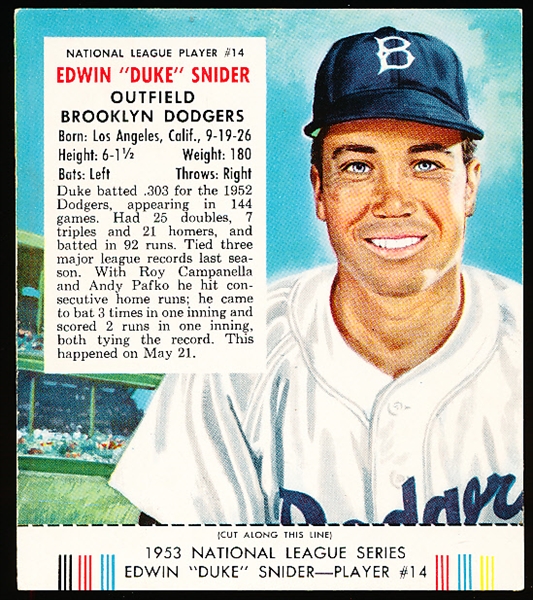 1953 Red Man Tobacco Bb with Tab- NL #14 Edwin “Duke” Snider, Brooklyn Dodgers- March expiration back
