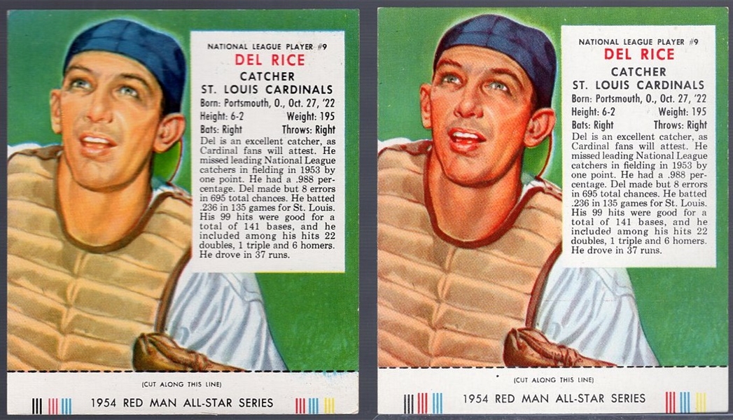 1954 Red Man Tobacco Bb with Tabs- NL #9 Del Rice, Cardinals- Both Backs