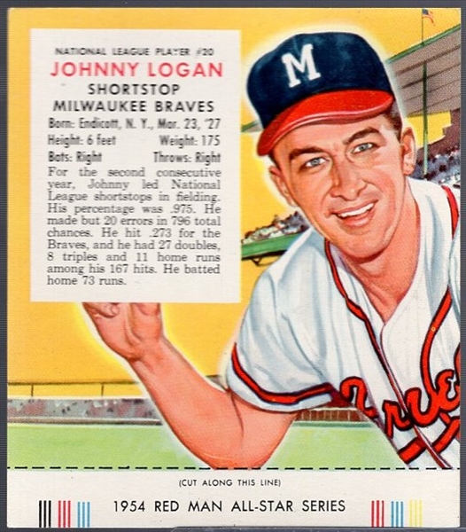 1954 Red Man Tobacco Bb with Tab- NL #20 Johnny Logan, Milw. Braves- May expiration back.