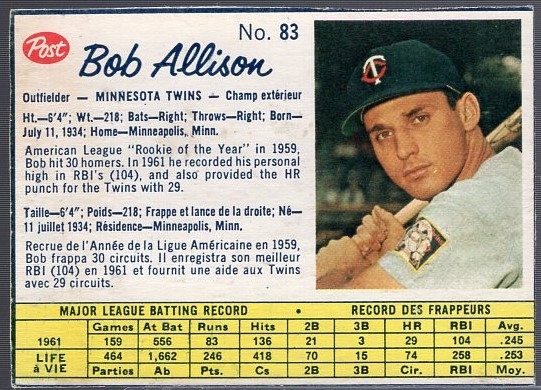 1962 Post Cereal Canadian Bb- #83 Bob Allison, Twins