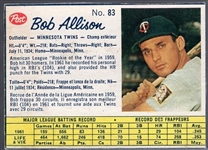 1962 Post Cereal Canadian Bb- #83 Bob Allison, Twins