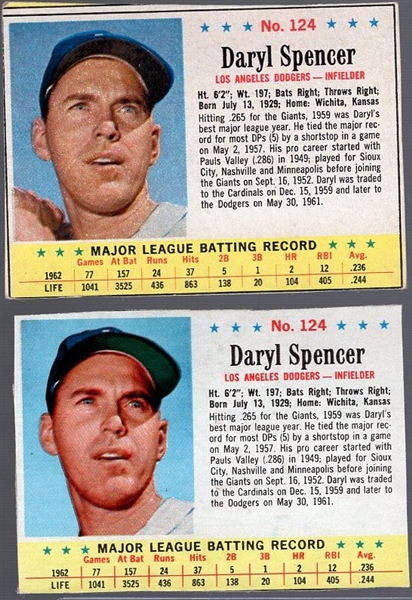 1963 Post Cereal Bb- #124 Daryl Spencer, Dodgers- Both Variarions