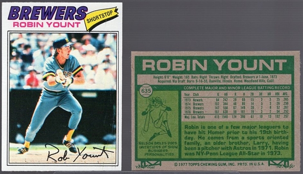 1977 Topps Bb- #635 Robin Yount, Brewers- 5 Cards