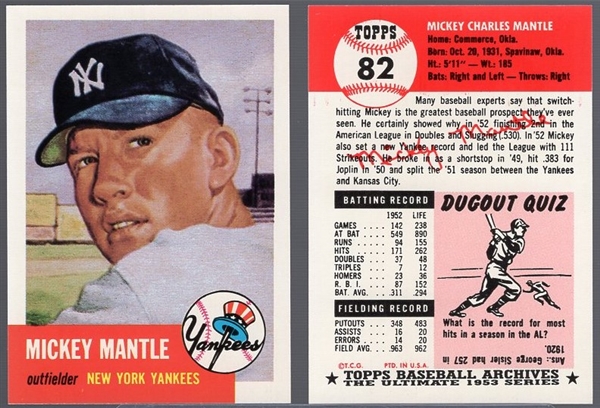 1991 Topps Bb- “1953 Archives”- #82 Mickey Mantle- 13 Cards
