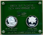 1993 Green Bay Packers 75th Anniversary/Bart Starr Matched .999 Fine Silver One Troy Ounce Set of Two- #620 of 5,000