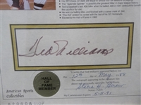 Ted Williams Autographed & Framed- American Sports Collectibles- Notarized “Stat Sheet”- 7-7/8” x 9-7/8”