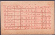 1963 Stat-Back Baseball Exhibits- Willie Mays- red print back.