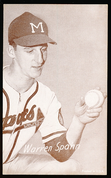 1963 Stat-Back Baseball Exhibits- Warren Spahn- red print back.