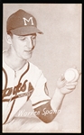 1963 Stat-Back Baseball Exhibits- Warren Spahn- red print back.