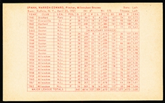 1963 Stat-Back Baseball Exhibits- Warren Spahn- red print back.