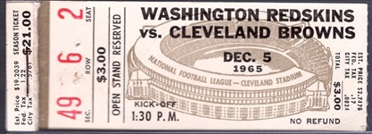 December 5, 1965 Washington Redskins @ Cleveland Browns Ticket Stub- Jim Brown’s Last Home Game!