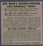 1952 Red Man Tobacco Bb- Bob Feller, Cleveland- No Tab- March expiration back