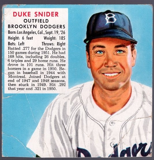 1952 Red Man Tobacco Bb- Duke Snider, Dodgers- No Tab- March expiration back.
