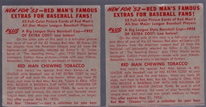 1953 Red Man Tobacco Bb- 2 Diff- No Tabs- May expiration backs.