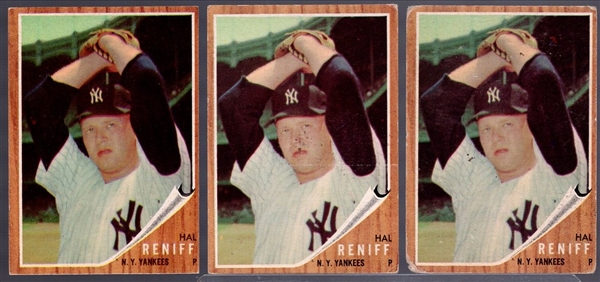 1962 Topps Bb- #139 Hal Reniff , Yankees- Pitching Variation- Green Tint- 3 Cards