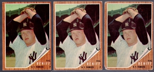 1962 Topps Bb- #139 Hal Reniff , Yankees- Pitching Variation- Green Tint- 3 Cards
