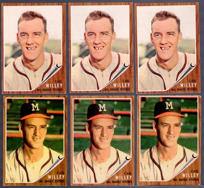 1962 Topps Bb- #174 Carl Willey, Braves- 6 Cards