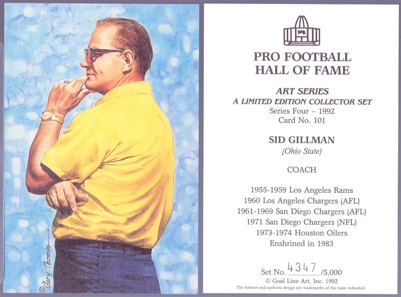 1992 Goal Line Art Pro Football Hall of Fame Cards- #101 Sid Gillman, Coach-27 cards