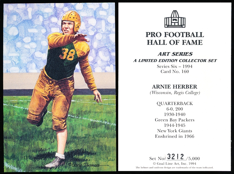 1994 Goal Line Art Pro Football Hall of Fame Cards- #160 Arnie Herber, Packers- 25 cards