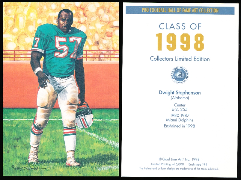1998 Goal Line Art Pro Football Hall of Fame Cards- #194 Dwight Stephenson, Miami Dolphins- 20 cards