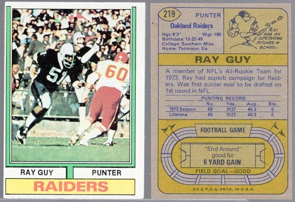1974 Topps Football- #219 Ray Guy, Oakland RC- 6 Cards