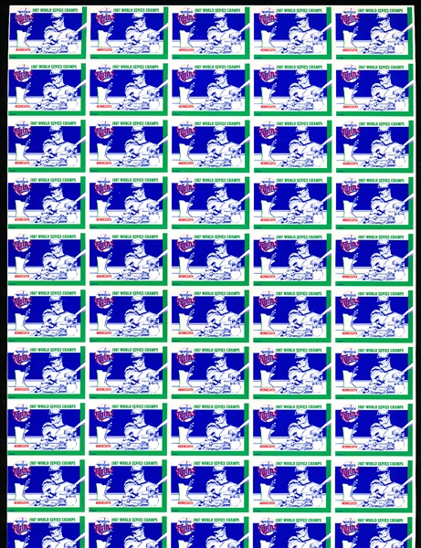 1987 Threadneedle Corp. Minnesota Twins ’87 World Series Champs Promotional Stamps Sheet of 50 Stamps