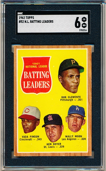 1962 Topps Baseball- #52 NL Batting Leaders- Clemente/ Pinson/ K. Boyer/ Moon- SGC 6 (EM)
