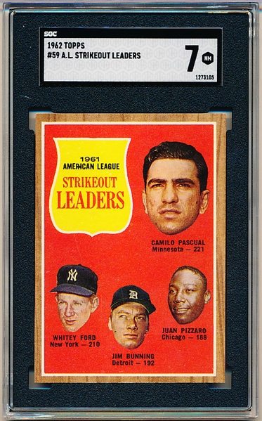 1962 Topps Baseball- #59 AL Strikeout Leaders- Pascual/ Ford/ Bunning/ Pizzaro- SGC 7 (NM)