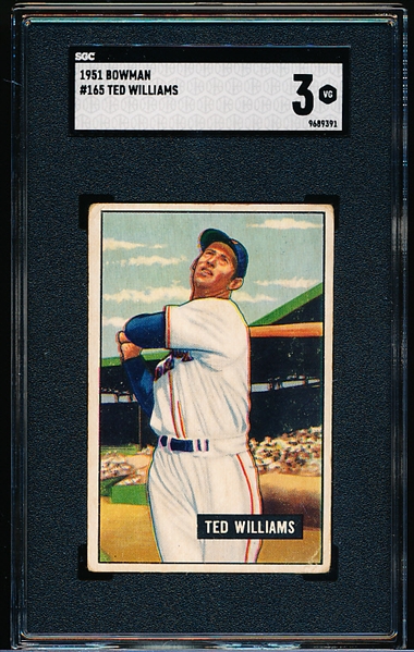 1951 Bowman Baseball- #165 Ted Williams, Red Sox- SGC 3(Vg)