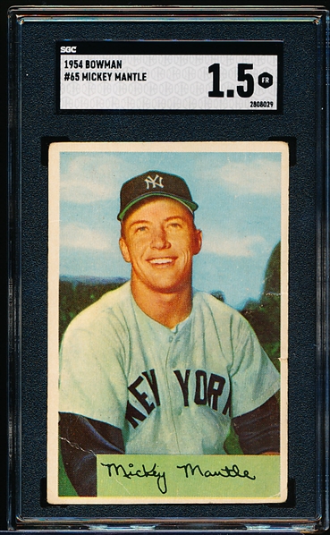 1954 Bowman Baseball- #65 Mickey Mantle, Yankees- SGC 1.5(Fair)