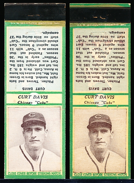 1936 Diamond Matchbook with striker- Curt Davis, Cubs-2 Diff