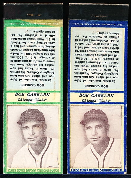 1936 Diamond Matchbook with striker- Bob Garbarck, Cubs- 2 Diff