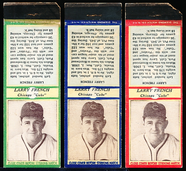 1936 Diamond Matchbook with striker- Larry French, Cubs- 3 Diff