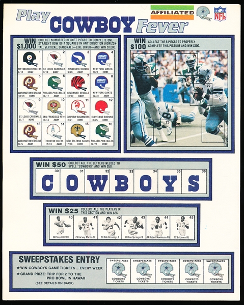 1982 Affiliated “Play Cowboy Fever" 7-3/8" x 9-1/4" Dallas Cowboys Sweepstakes Entry Forms- 22 Forms