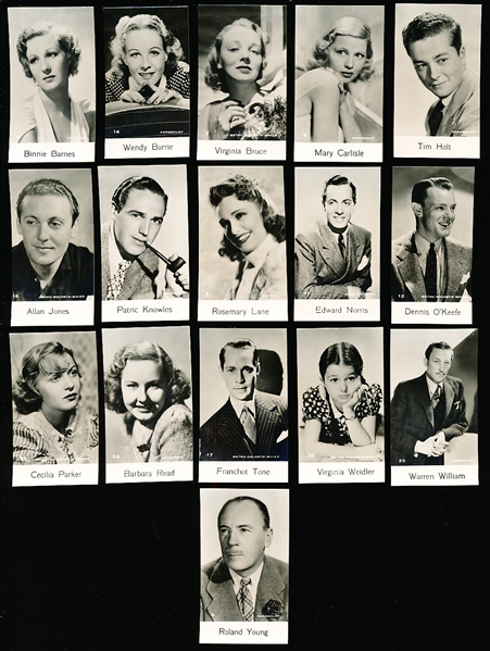 1940s-50s Unknown Issue Actors 1-1/8" x 2" English Issue? B & W High Gloss Cards- 16 Diff.