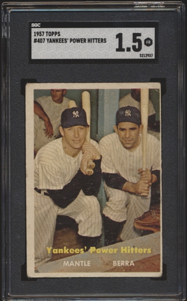 1957 Topps Baseball- #407 Yankee Power Hitters (Mantle/Berra)- SGC 1.5 (Fair)